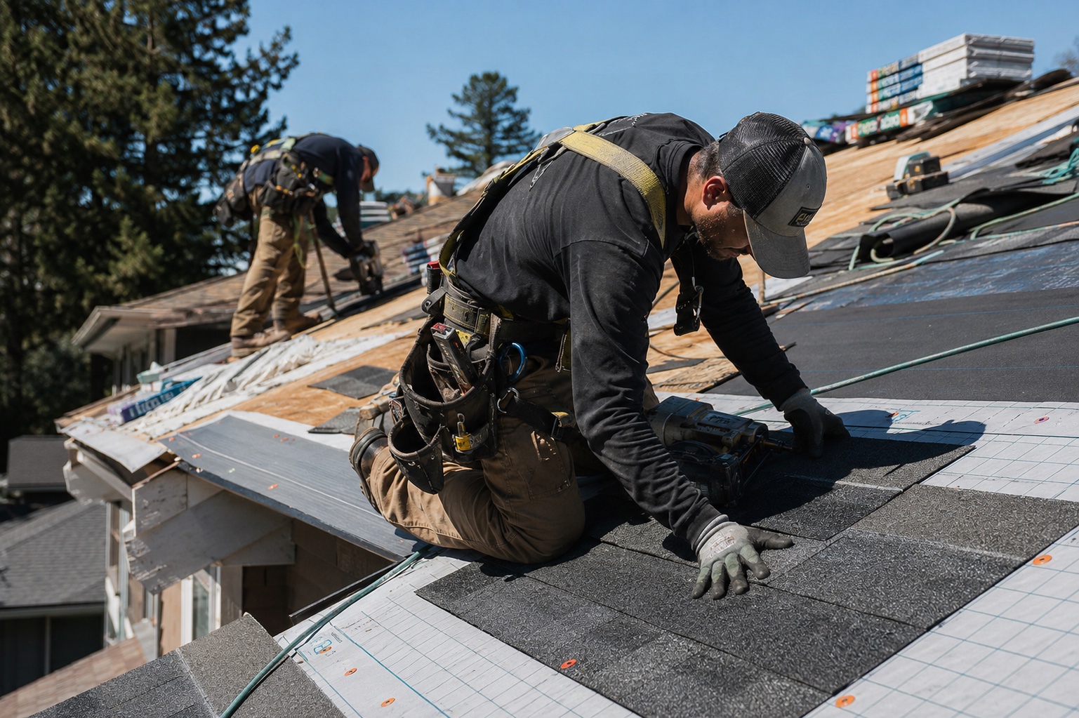 Residential roofing crew installing shingles on a home