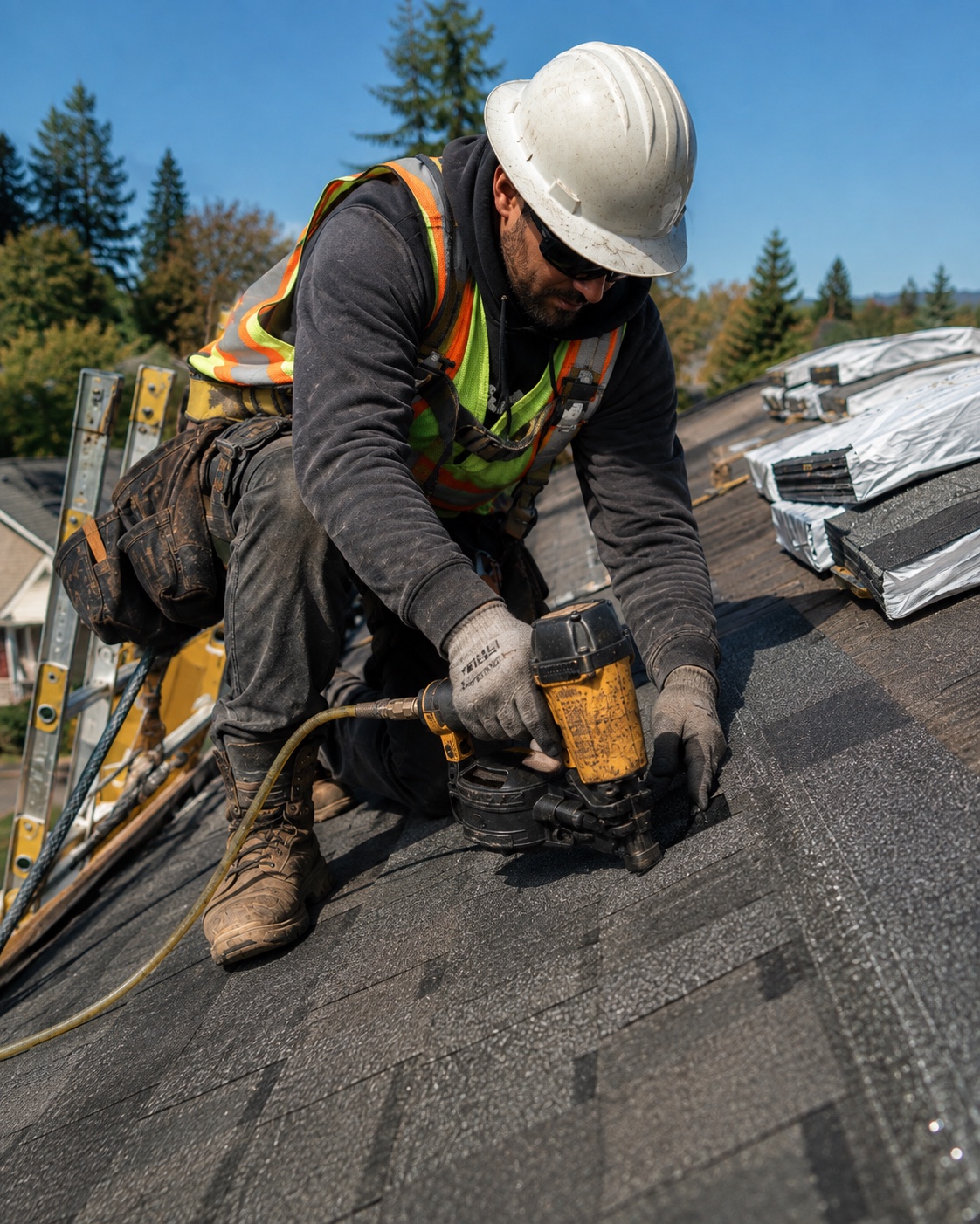 Residential roofer fastening shingles with a pneumatic nail gun
