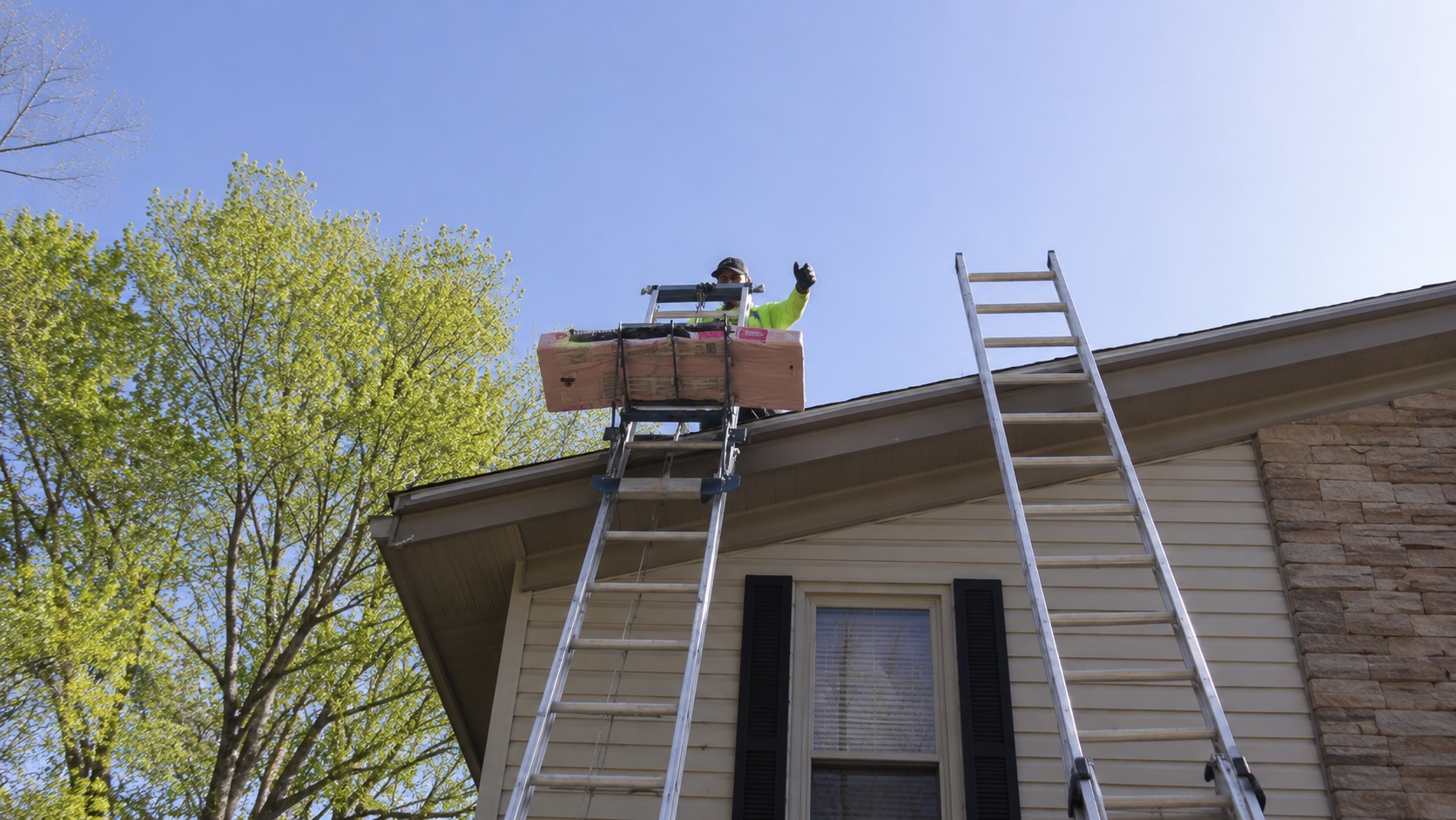 Roofing crew moving materials onto a residential roof
