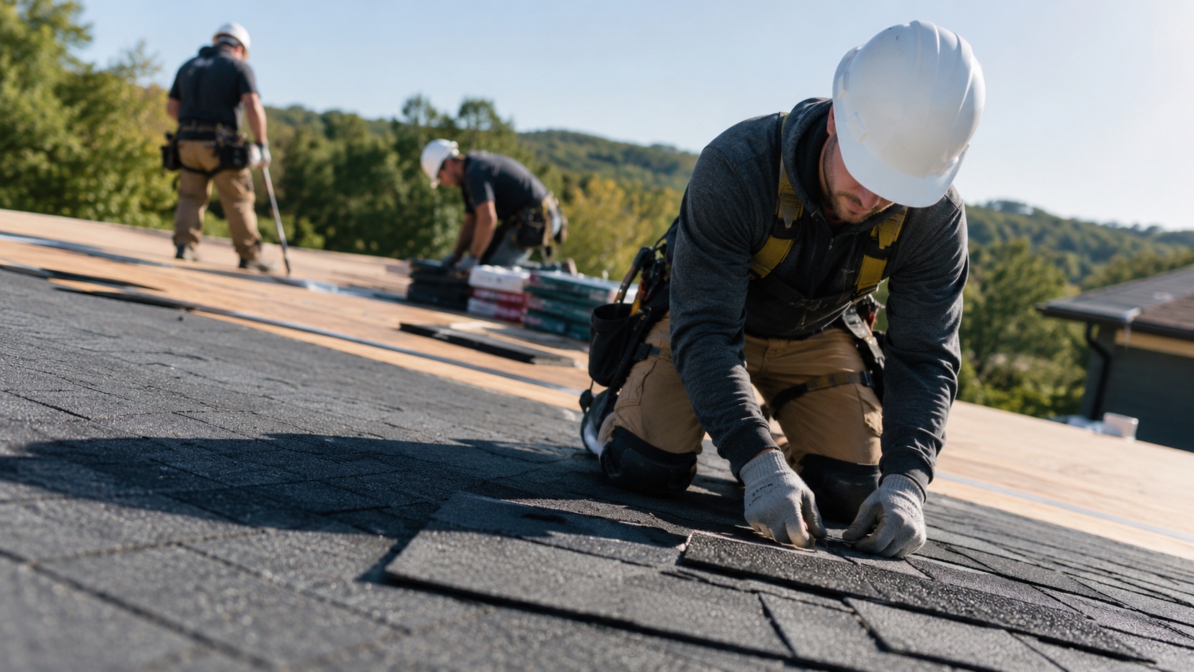 Residential roofing crew installing asphalt shingles
