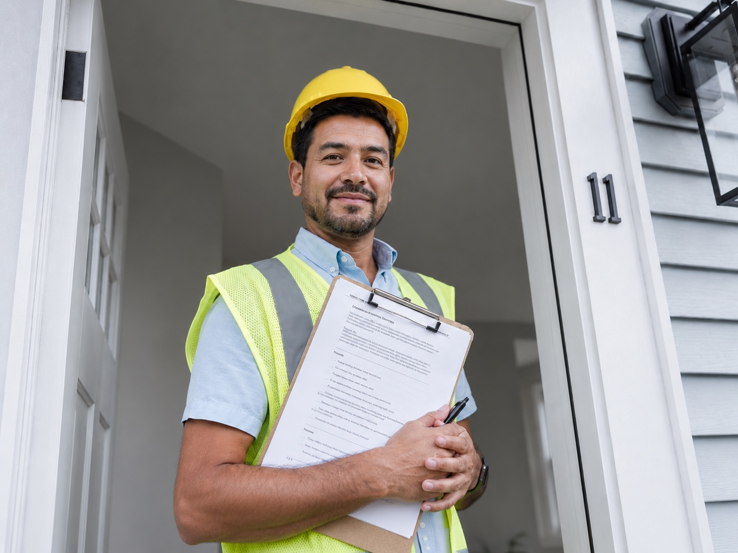 Roofing contractor holding an inspection checklist at a homeowner's door
